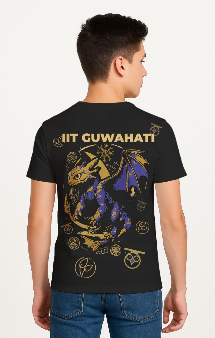 Person wearing a black t-shirt with 'IIT Guwahati' design on the back. technothlon iit guwahati. technothlon