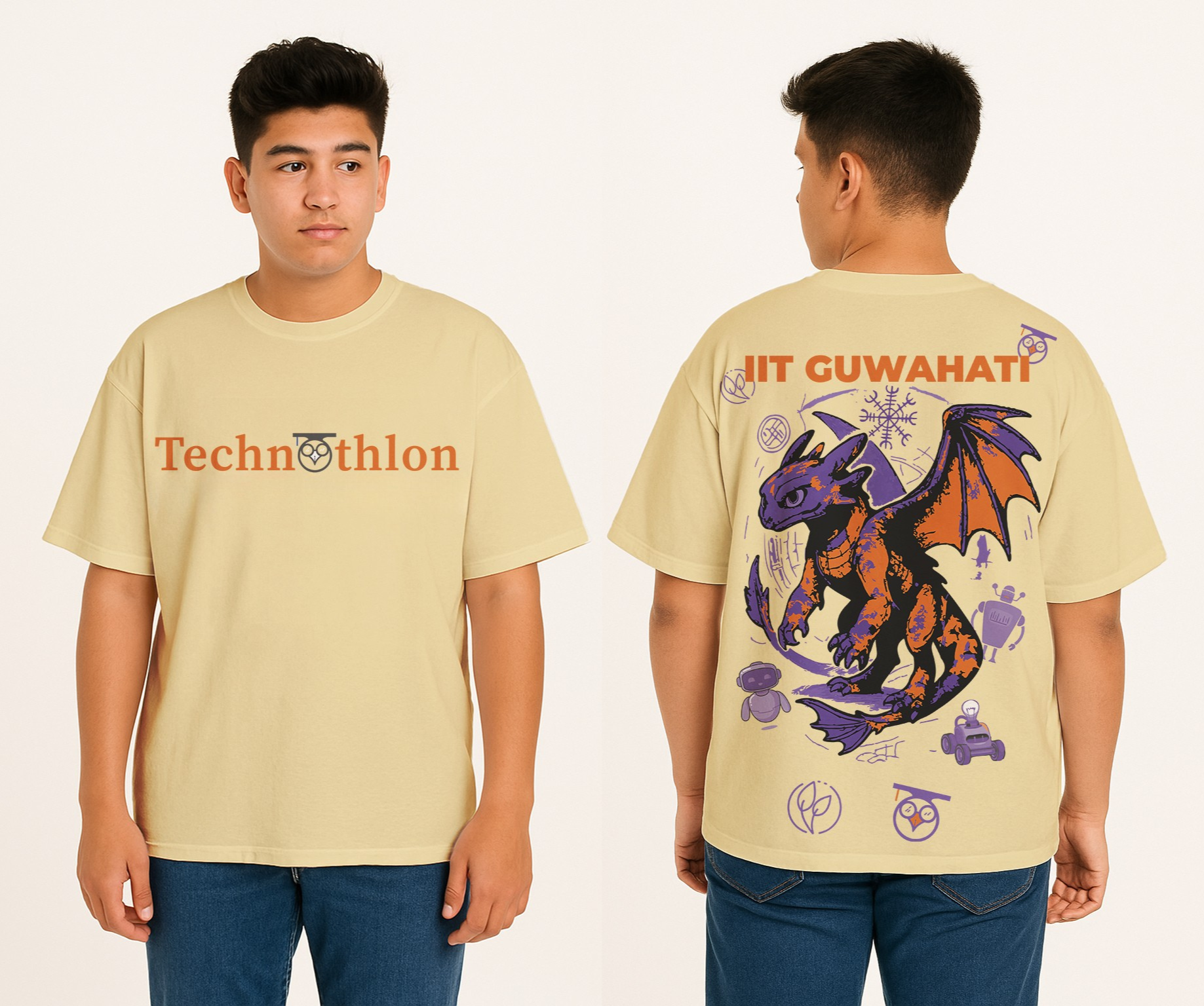 Person wearing a beige t-shirt with 'Technothlon' on the front and a dragon graphic on the back, with 'HIT GUWAHATI' text. technothlon iit guwahati