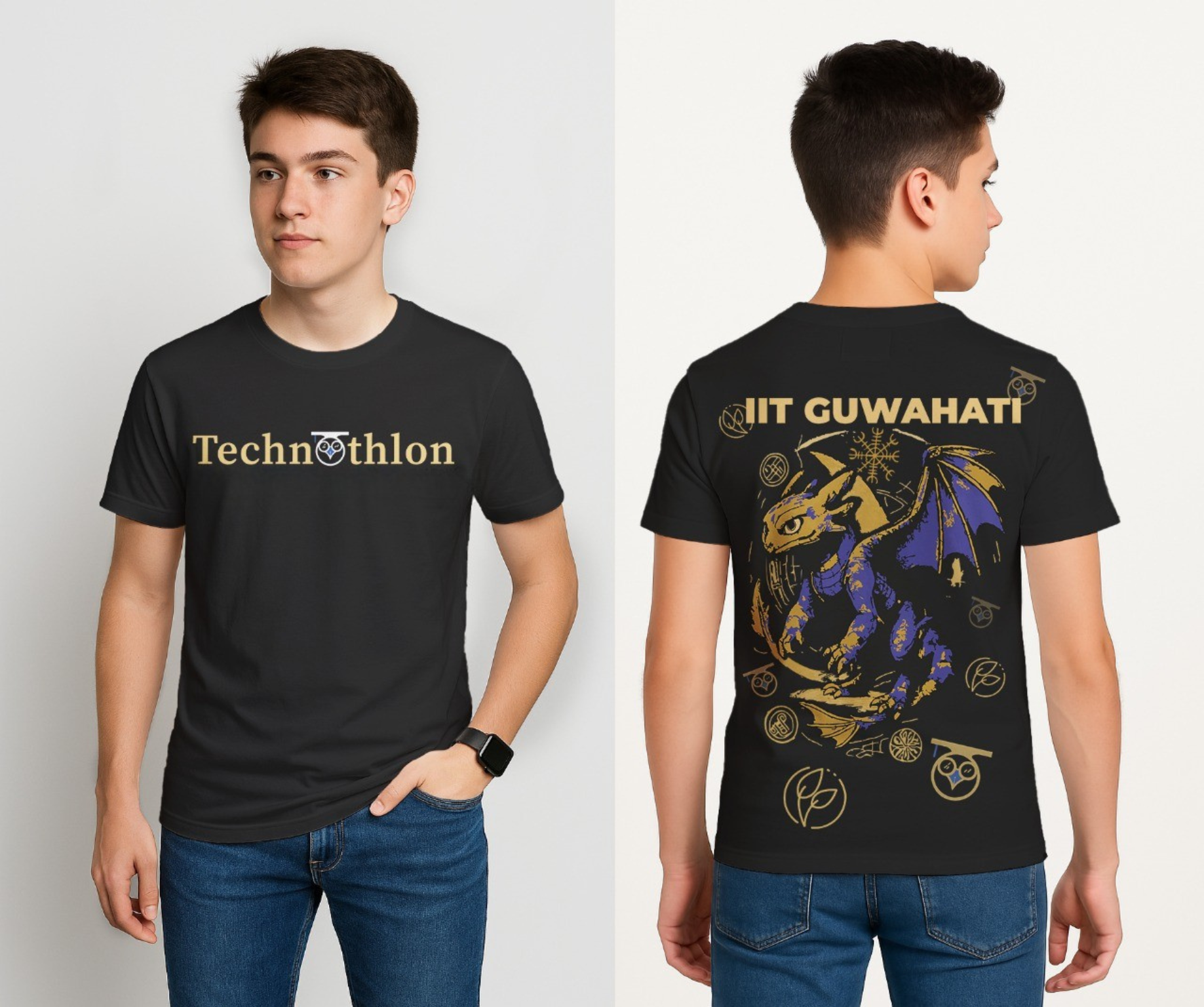 Person wearing a black t-shirt with 'Technothlon' text on the front and 'IIT Guwahati' design on the back. technothlon iit guwahati
