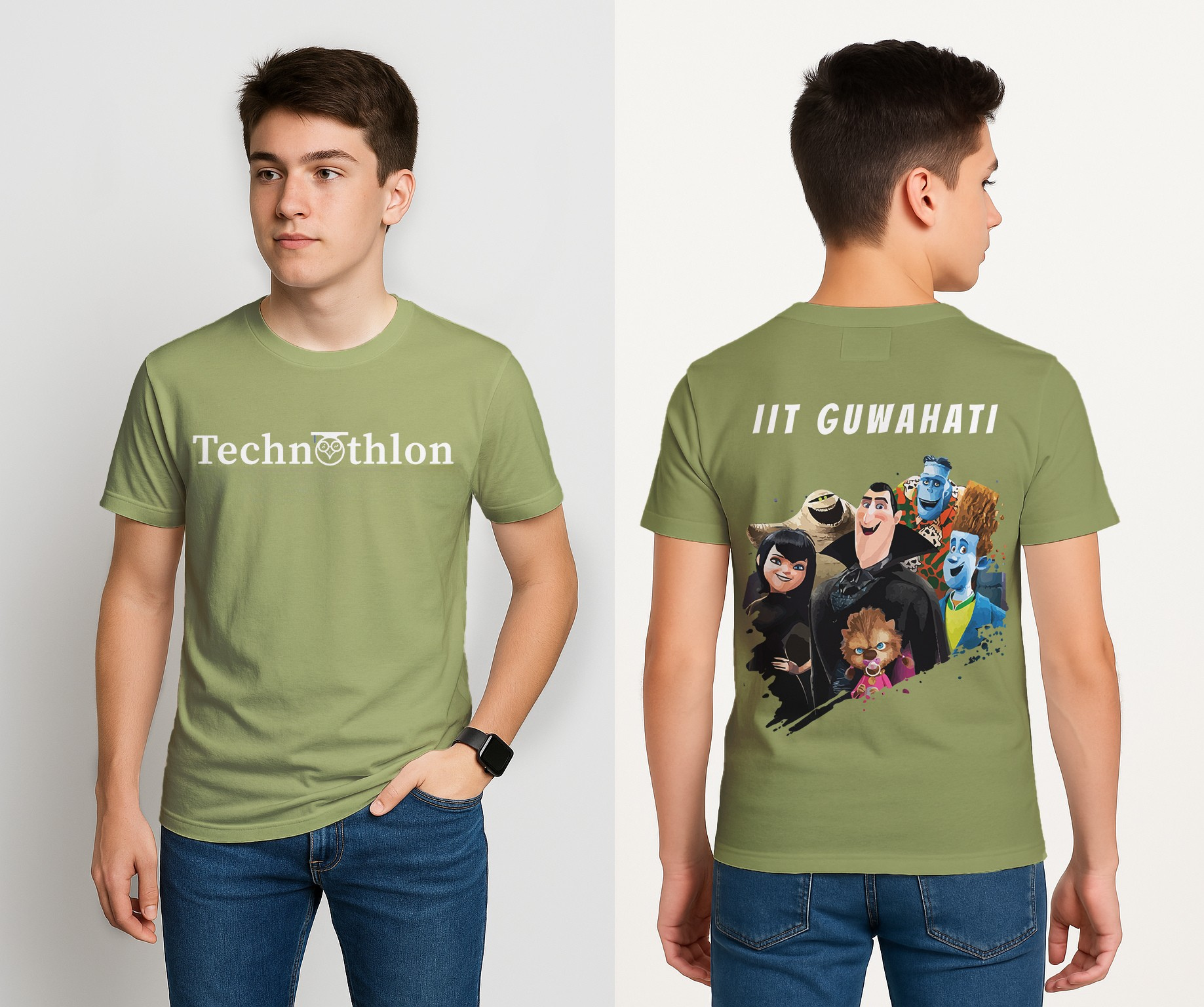 Person wearing a green t-shirt with 'Technothlon' on the front and 'IIT Guwahati' with cartoon characters on the back. iit guwahati technothlon