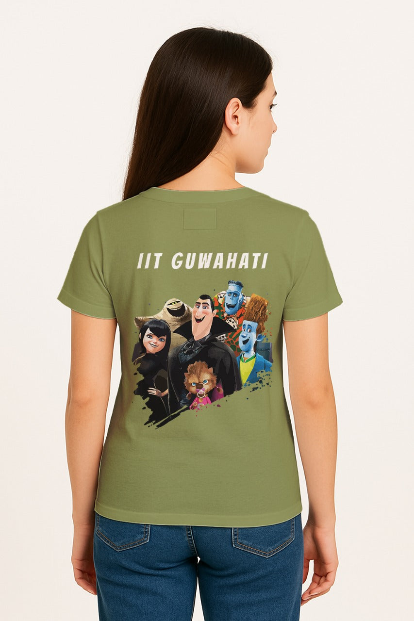 Person wearing a green t-shirt with cartoon characters and 'IIT GUWAHATI' text on the back. iit guwahati technothlon. technothlon