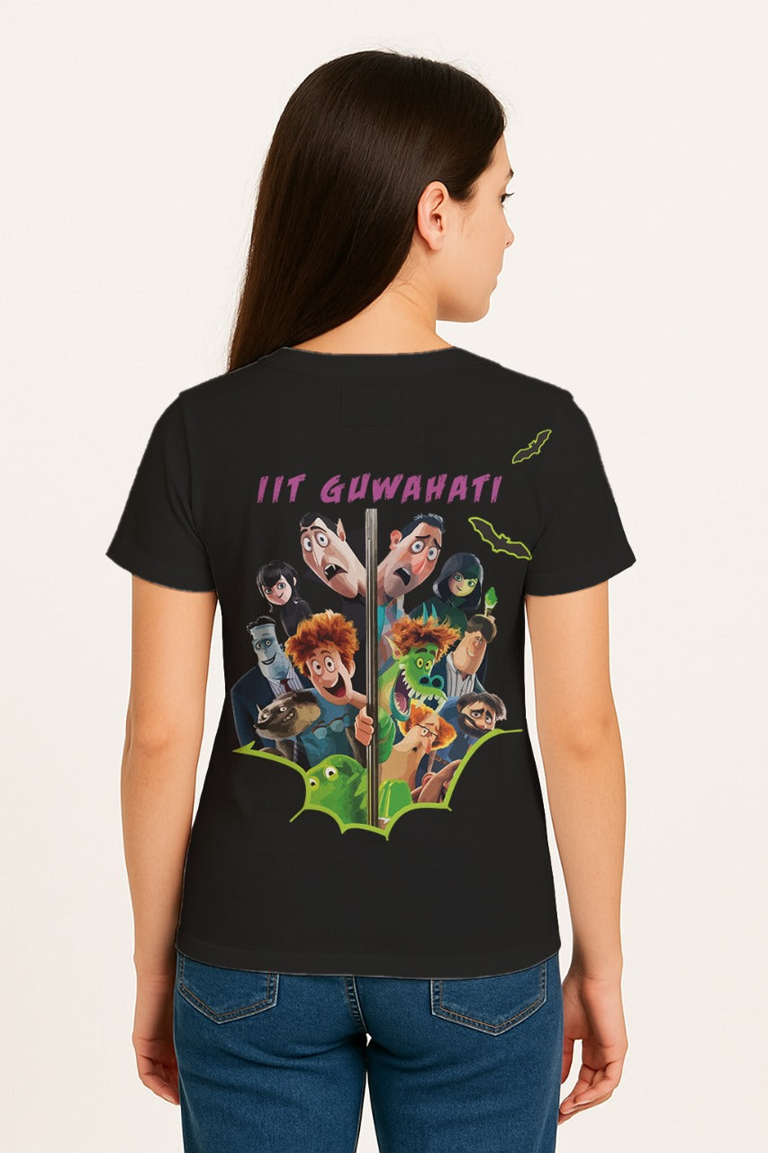 Person wearing a black t-shirt with colorful graphics and text on the back. technothlon iit guwahati . technothlon.