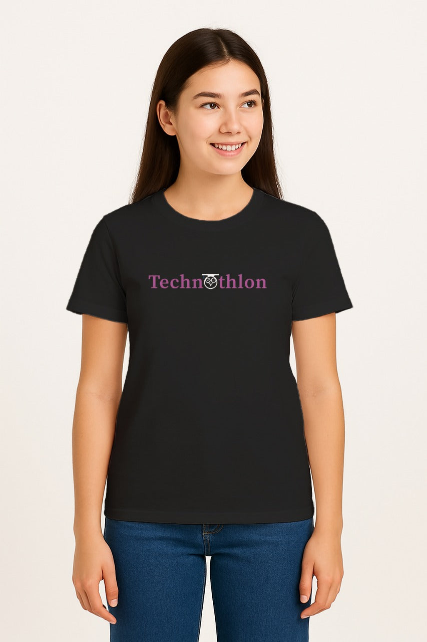 Person wearing a black t-shirt with 'Technothon' text on a plain background. technothlon iit guwahati