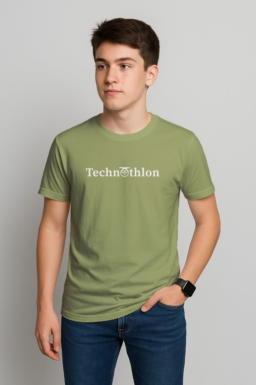 Person wearing a green t-shirt with 'Technothlon' text on a plain background. iit guwahati technothlon