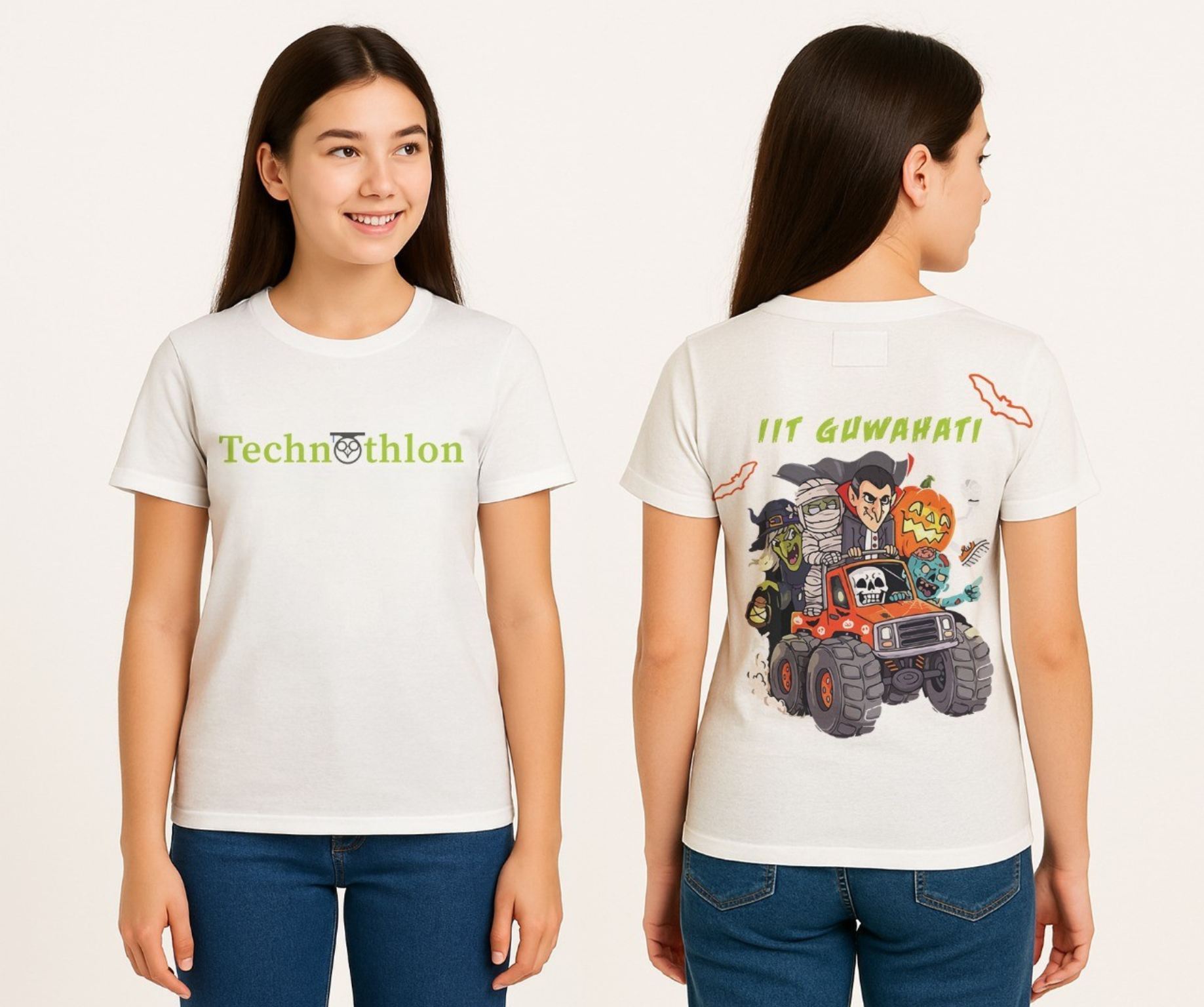 Person wearing a white t-shirt with 'Technothlon' text on the front and colorful graphic on the back, standing against a plain background. technothlon iit guwahati 