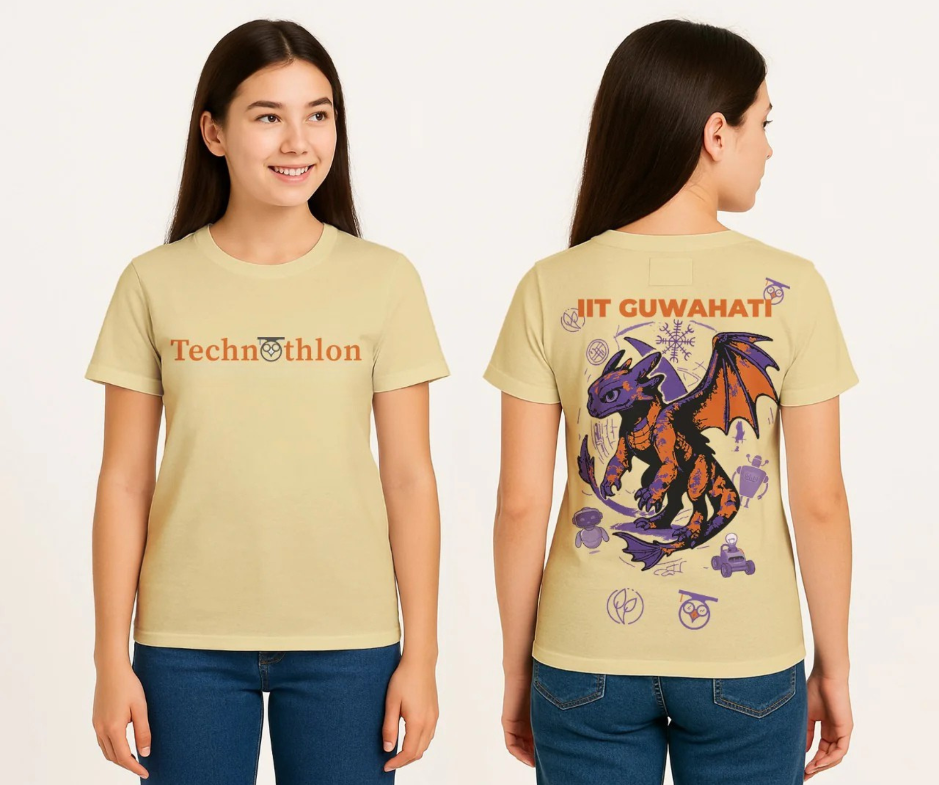 Person wearing a beige t-shirt with 'Technothlon' text on the front and 'IIT Guwahati' design on the back. iit guwahati technothlon