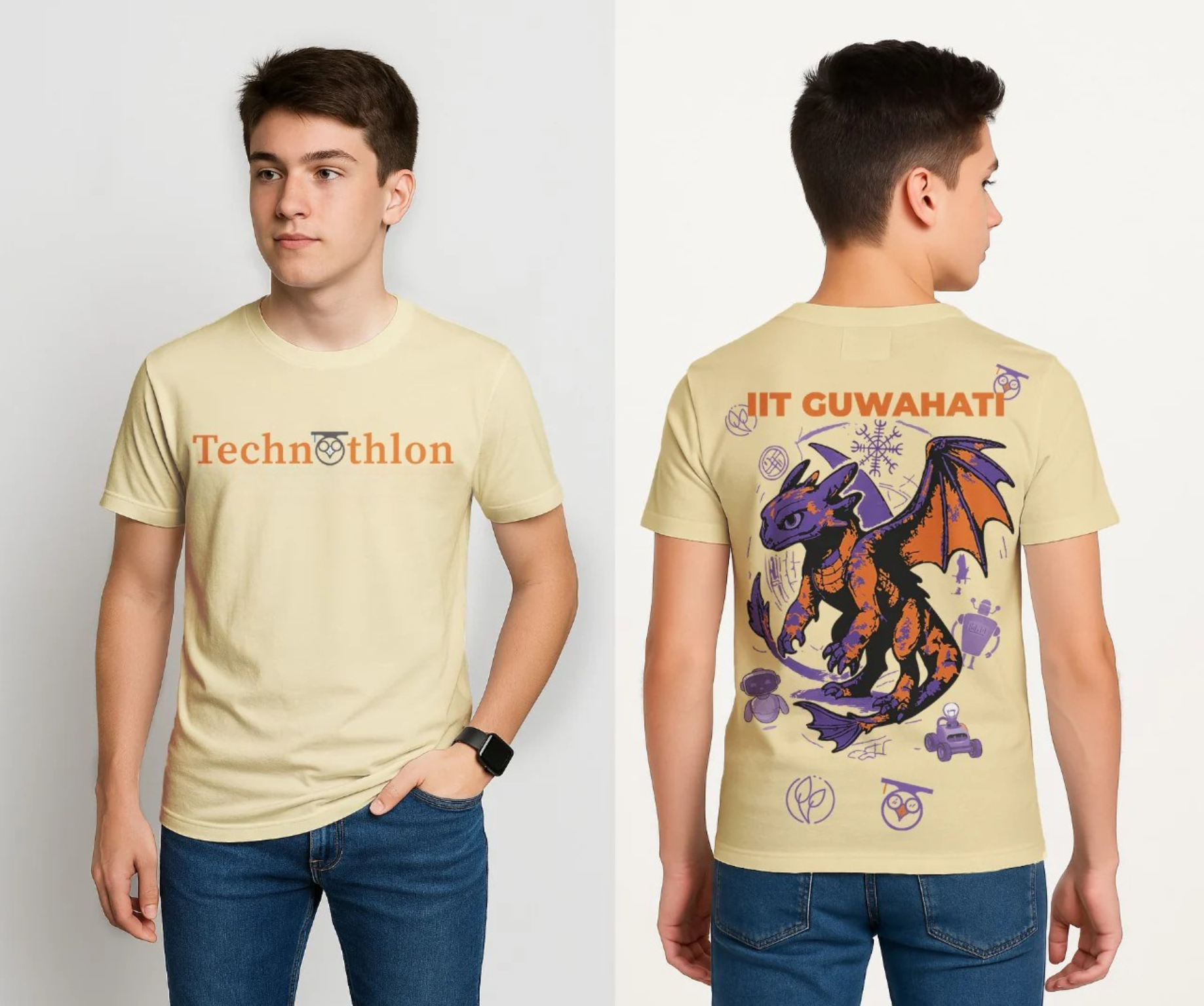 Person wearing a beige t-shirt with 'Technothlon' and a dragon design on the back, standing against a white background. technothlon iit guwahati