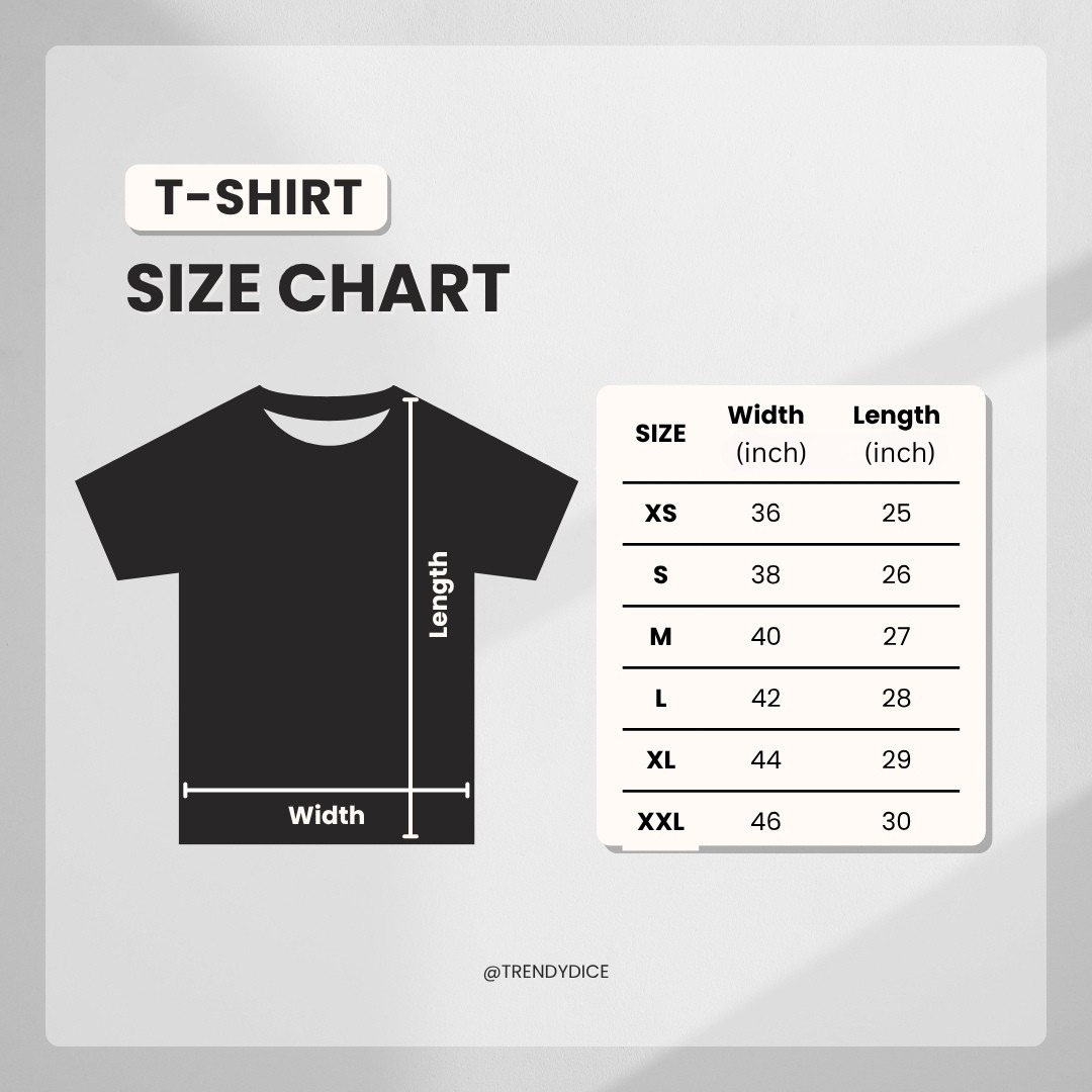 T-shirt size chart with dimensions on a gray background