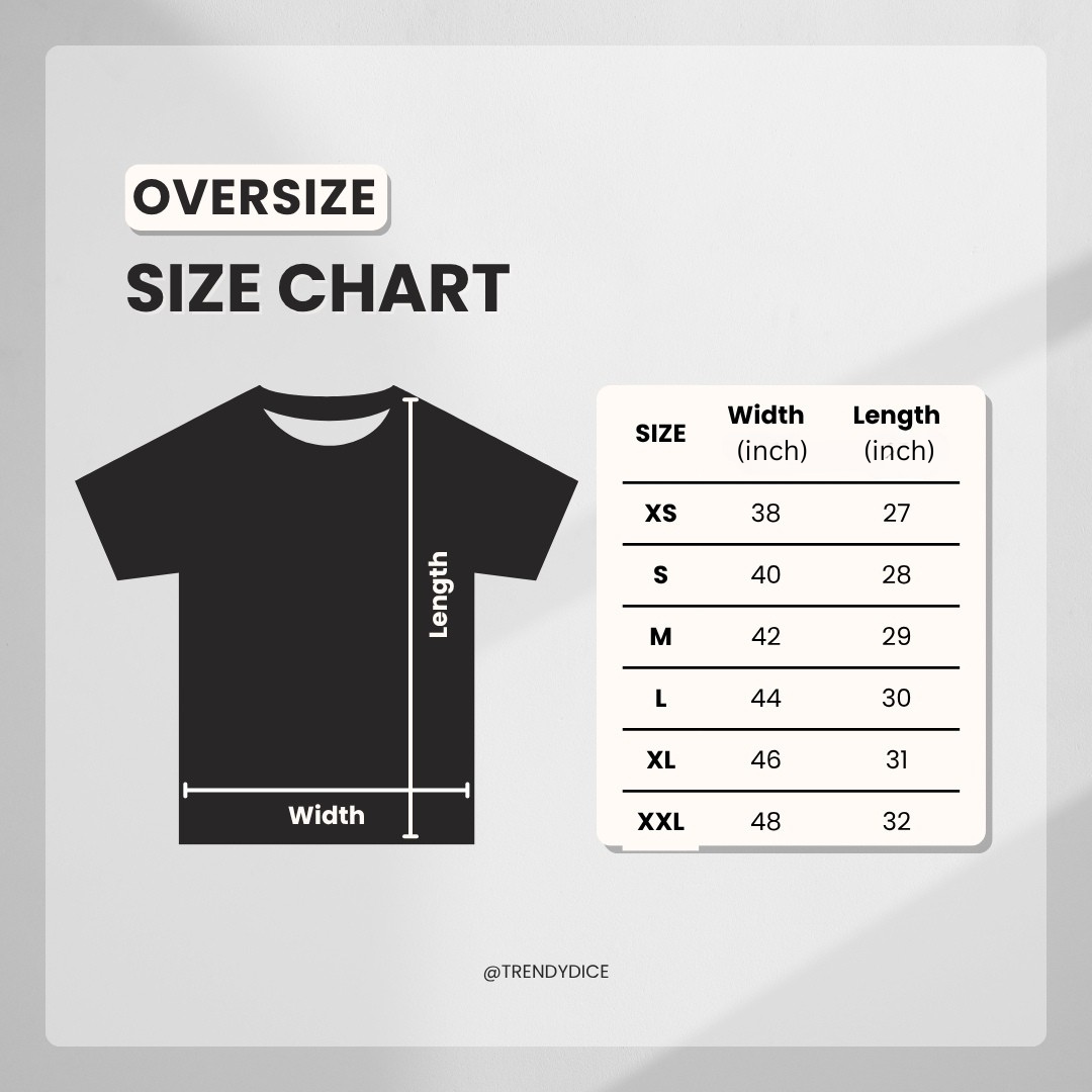 Oversize size chart for t-shirts with measurements on a gray background
