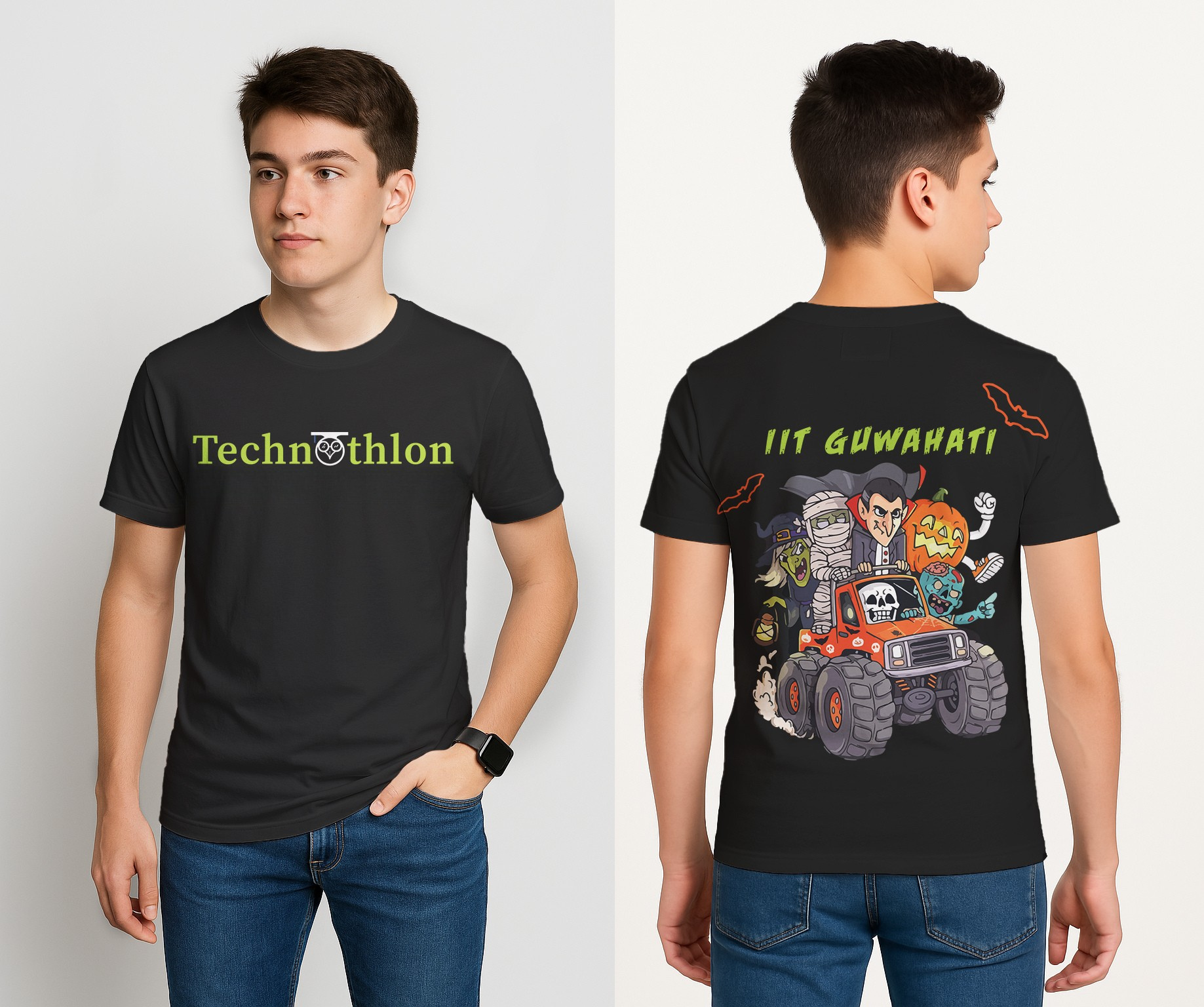 Black t-shirt with 'Technothlon' on front and monster truck graphic on back, worn by a person. technothlon iit guwahati 