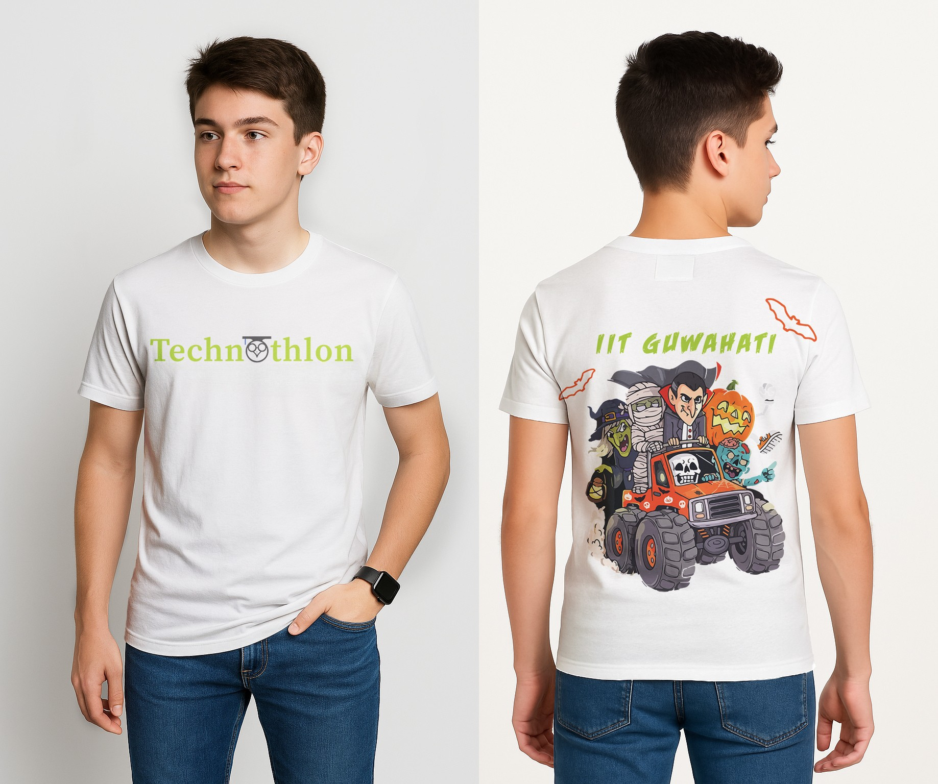 Person wearing a white t-shirt with 'Technothlon' logo on the front and cartoon character on the back. iit guwahati technothlon