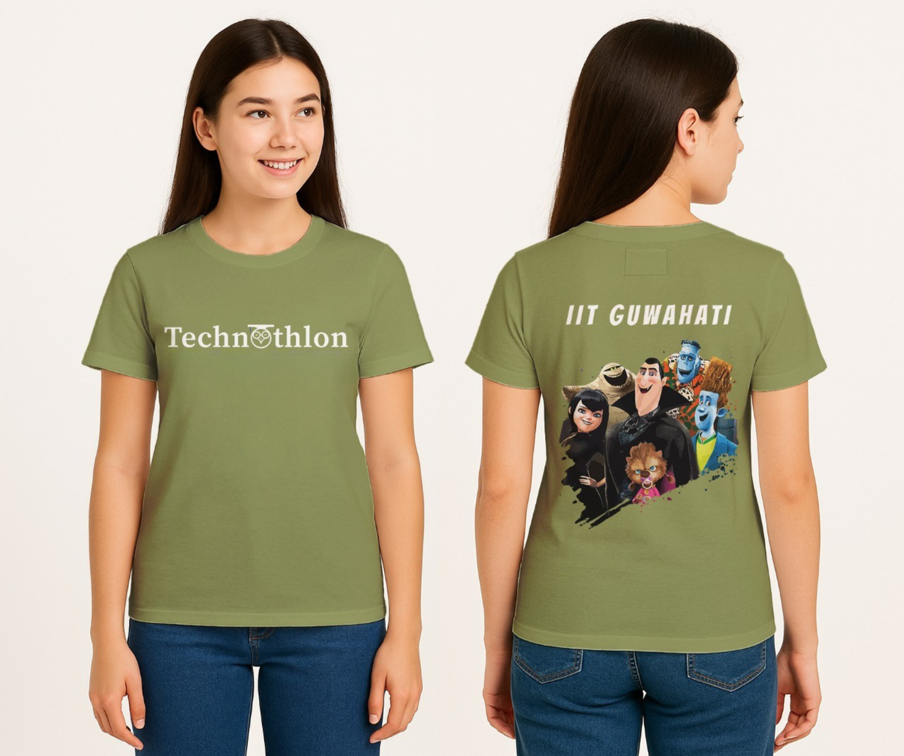 Green t-shirt with 'Technothlon' on front and 'IIT Guwahati' with graphics on back, worn by a person. iit guwahati technothlon