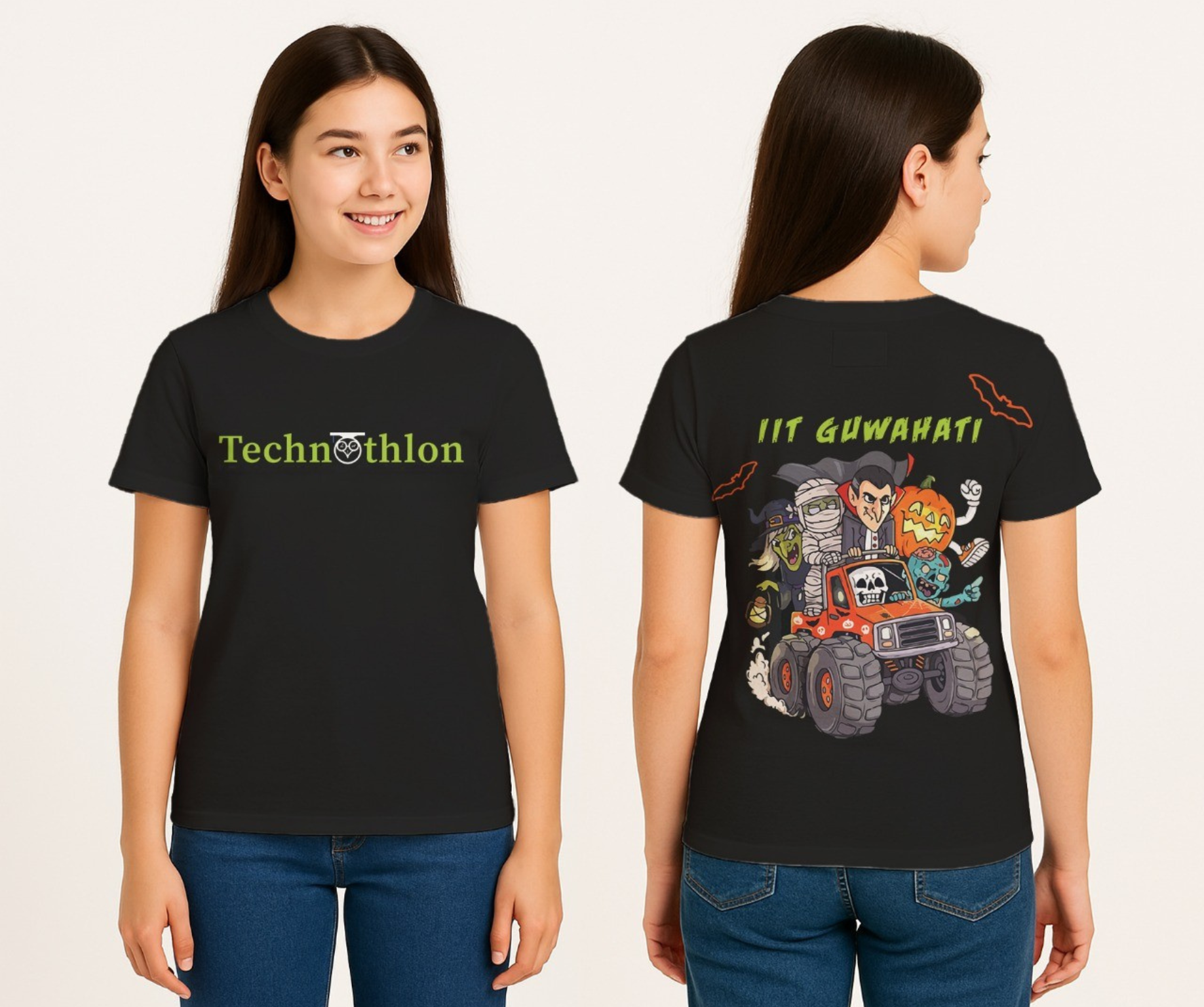 Person wearing a black t-shirt with 'Technothlon' on the front and a graphic design on the back. iit guwahati technothlon