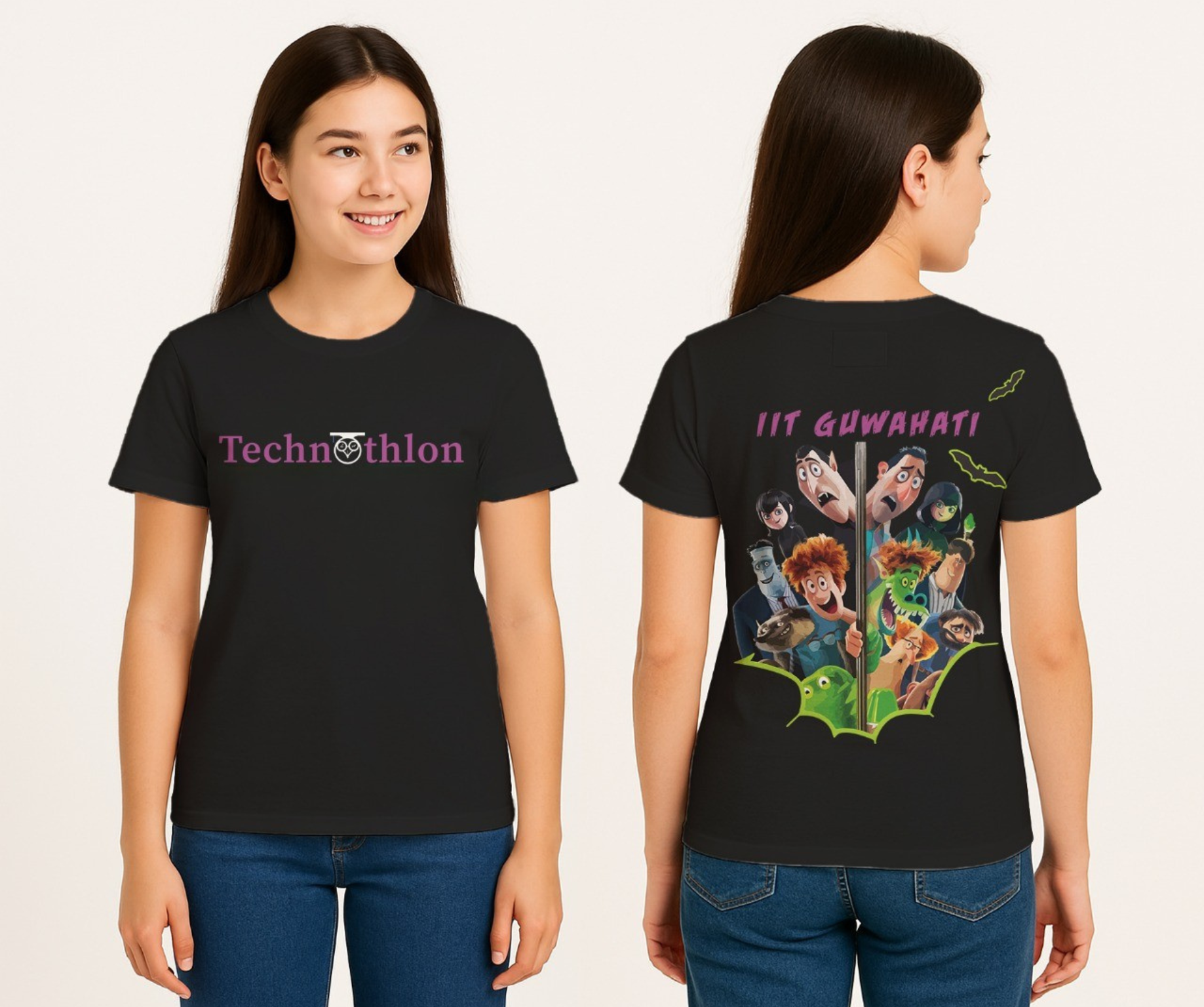 Black t-shirt with 'Technothlon' on front and colorful design on back, worn by a person. iit guwahati technothlon