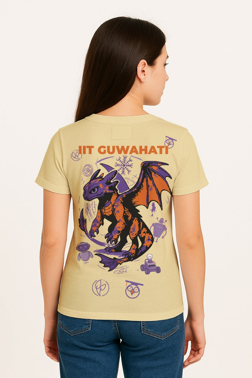 Person wearing a beige t-shirt with a dragon graphic and text on the back. technothlon . technothlon iit guwahati