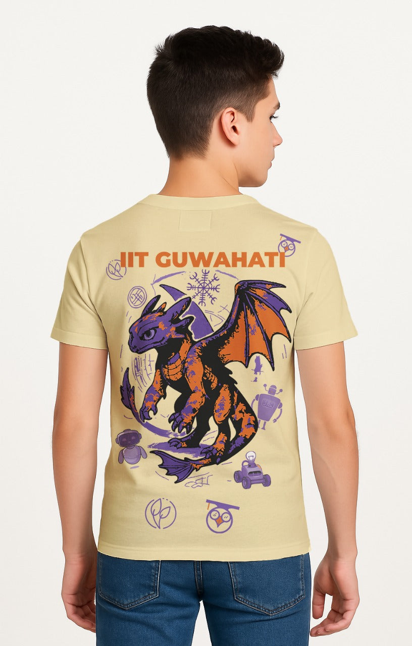 Person wearing a beige t-shirt with a dragon graphic and 'IIT Guwahati' text on the back. technothlon. technothlon iit guwahati 