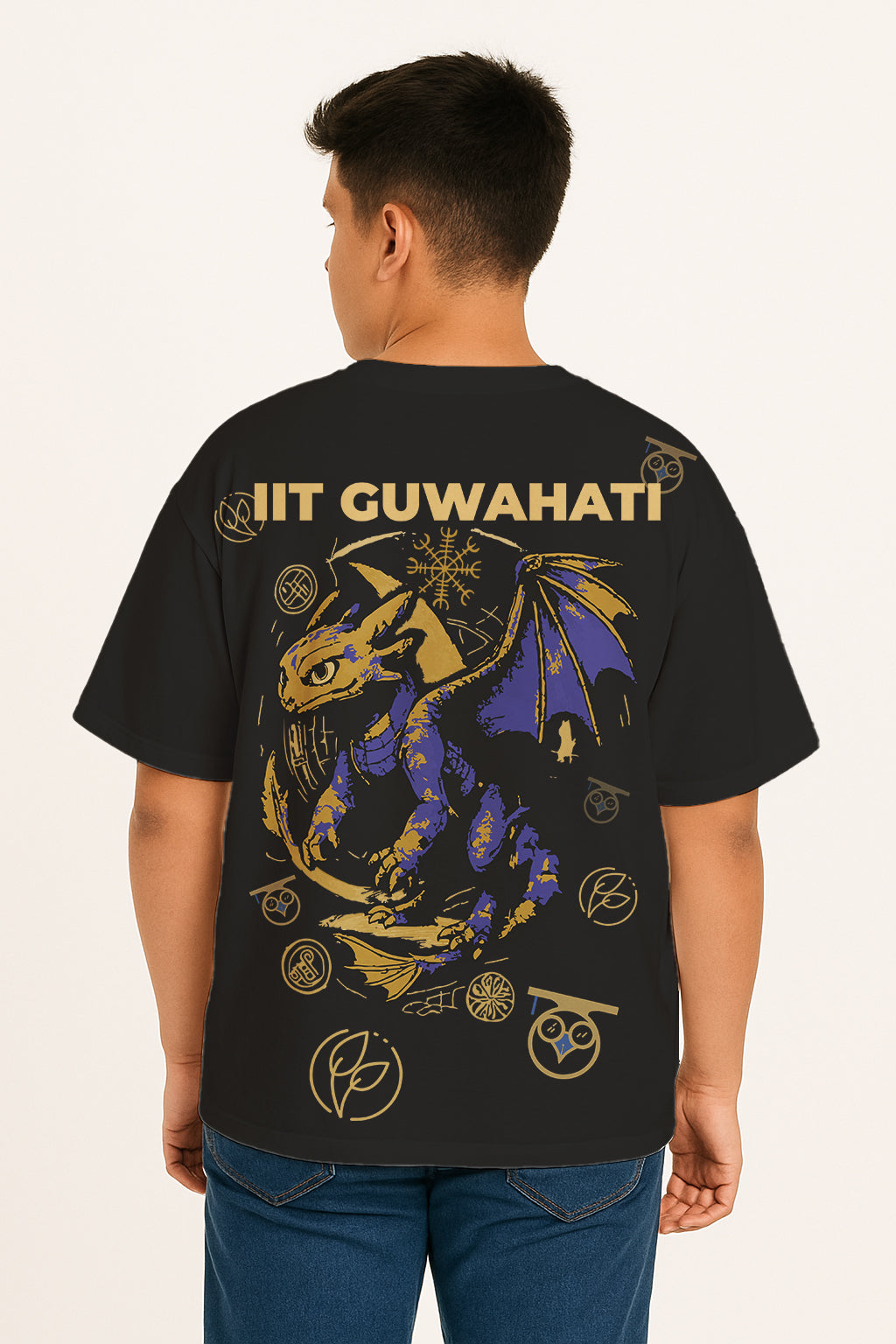 Person wearing a technothlon black t-shirt with 'IIT Guwahati' and dragon design on the back. for technothlon iit guwahati 