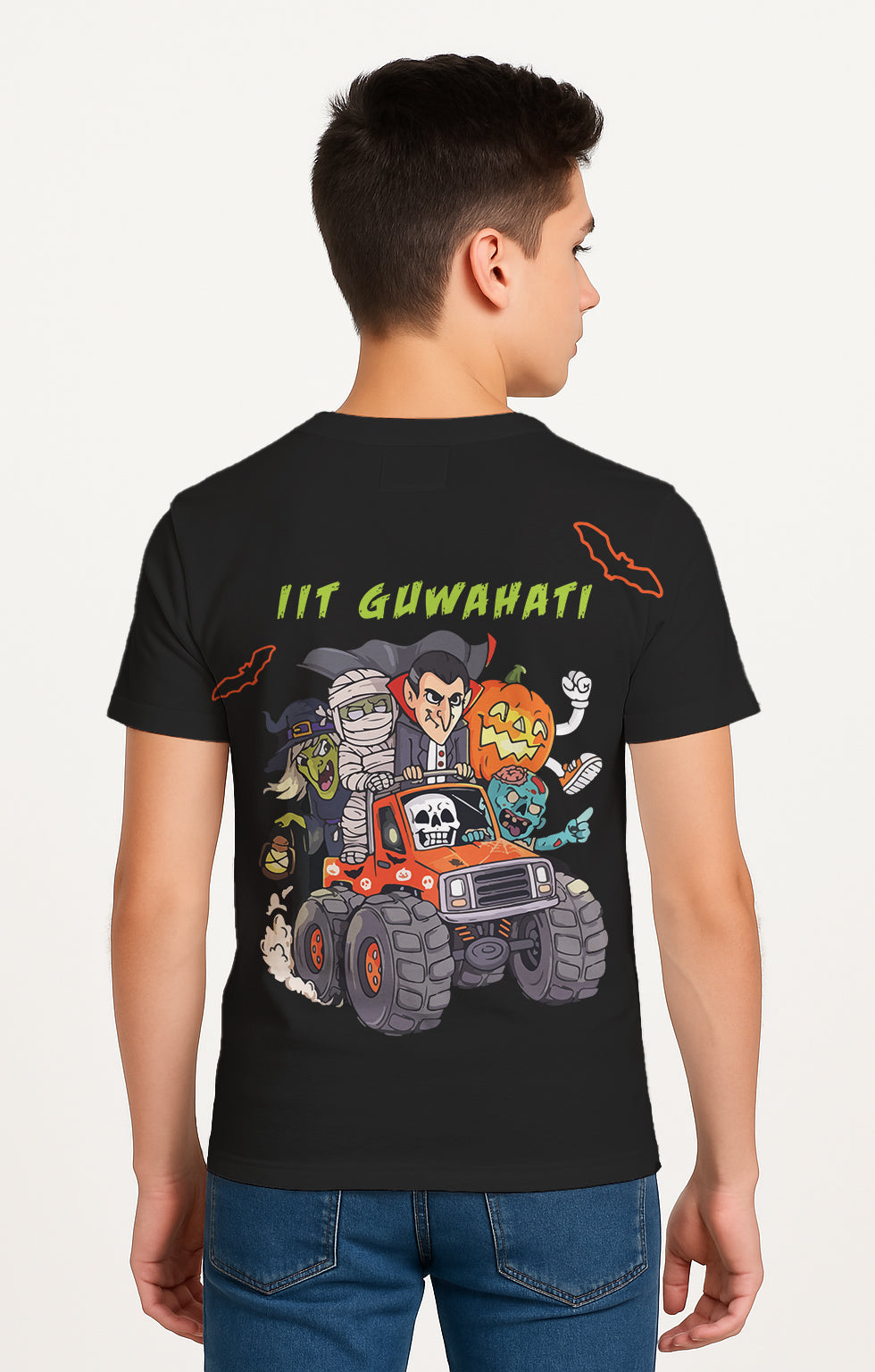 Person wearing a black t-shirt with colorful graphics and text on the back. iit guwahati technothlon. technothlon