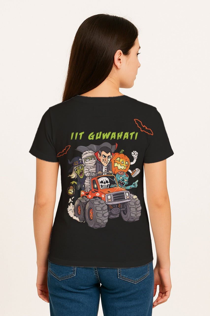 Person wearing a black t-shirt with colorful graphics and text on the back. technothlon iit guwahati. technothlon