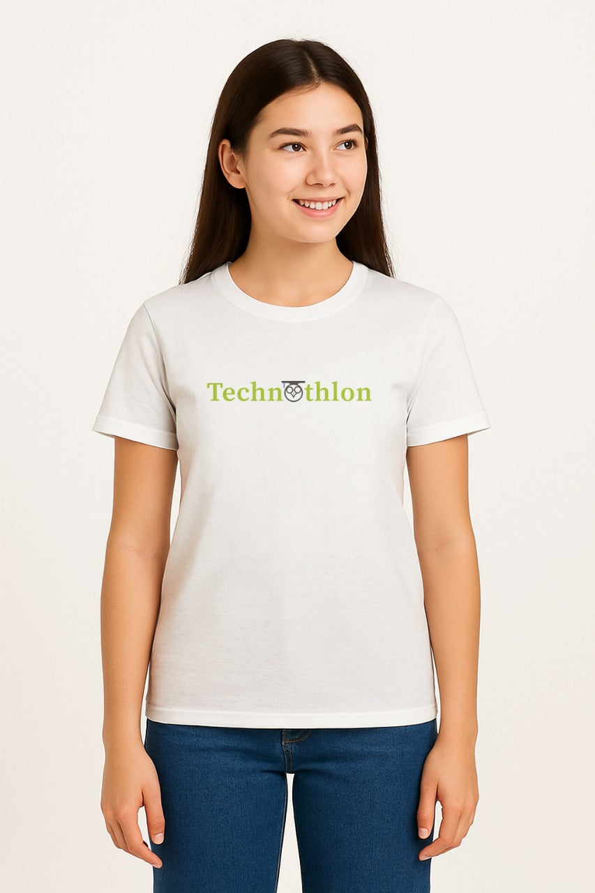 Person wearing a white t-shirt with 'Technothon' logo on a plain background. technothlon iit guwahati 