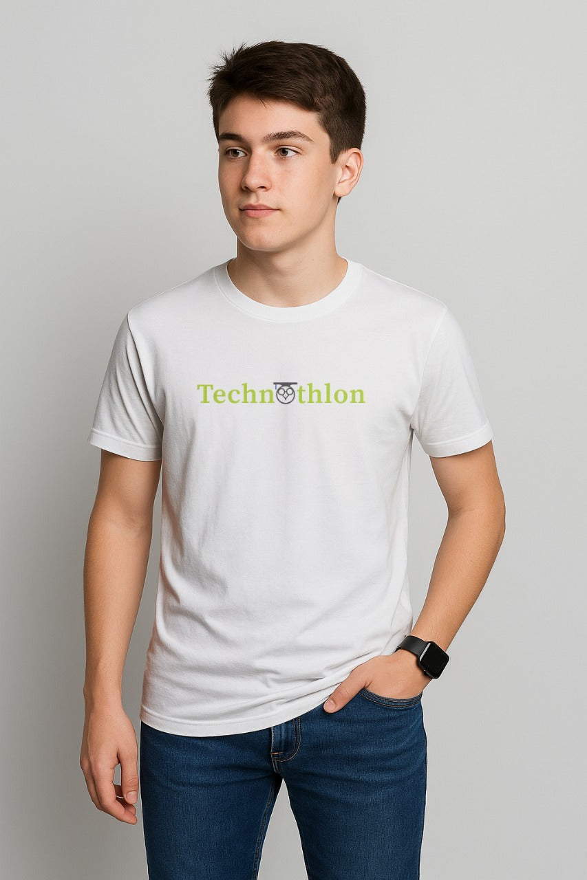 Person wearing a white t-shirt with 'Technothlon' logo on a gray background. iit guwahati technothlon