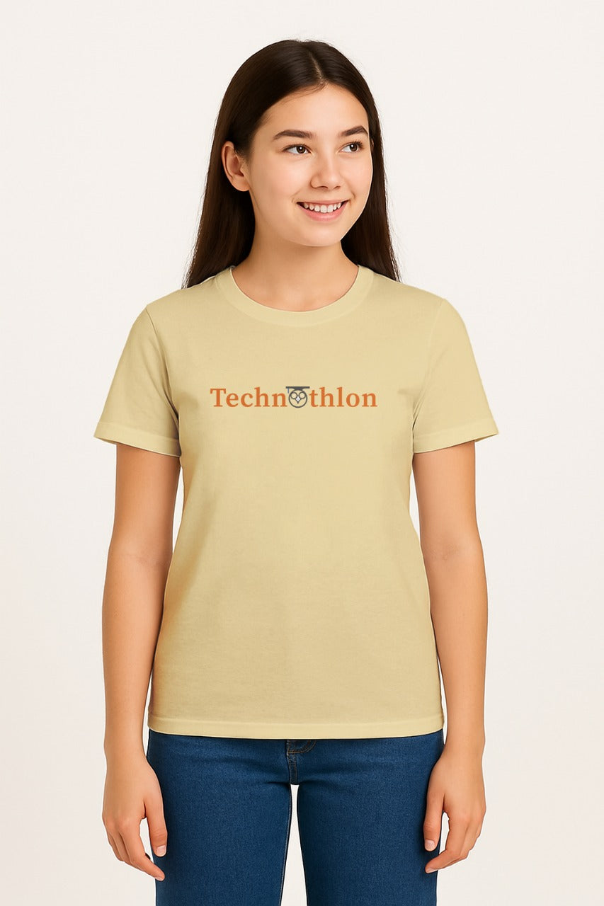Person wearing a beige t-shirt with 'Technothlon' logo on a plain background. technothlon iit guwahati