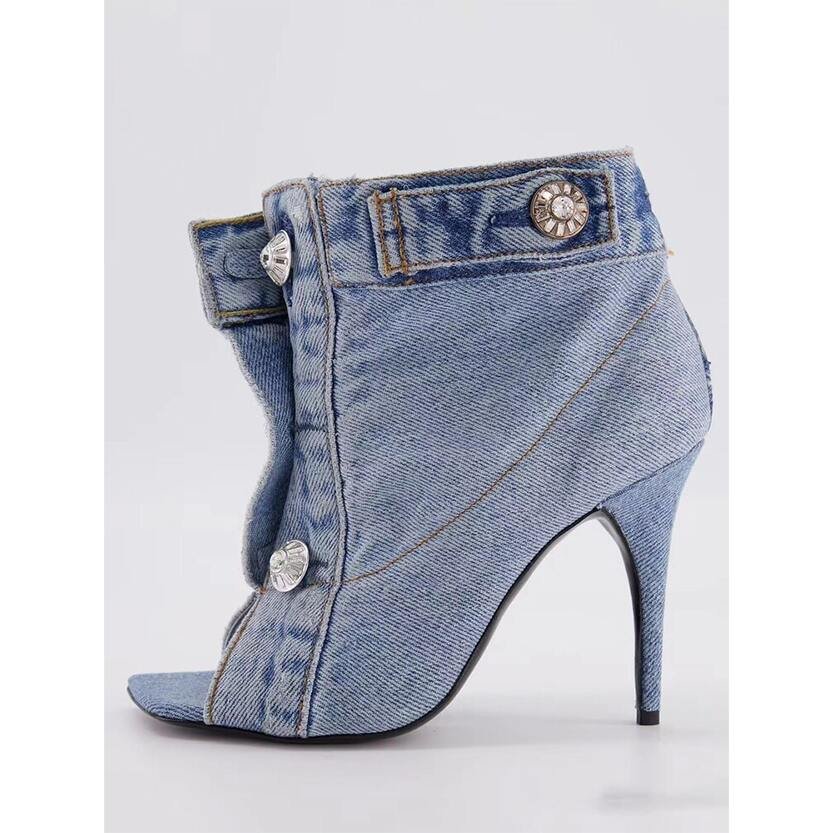 Casual Blue Color High Heel Denim Shoes_15