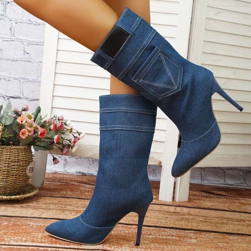 Casual Blue Color High Heel Denim Shoes_17