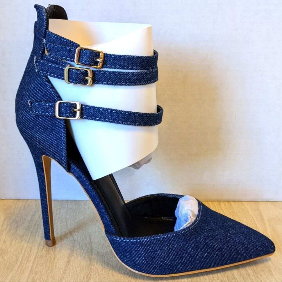 Casual Blue Color High Heel Denim Shoes_3