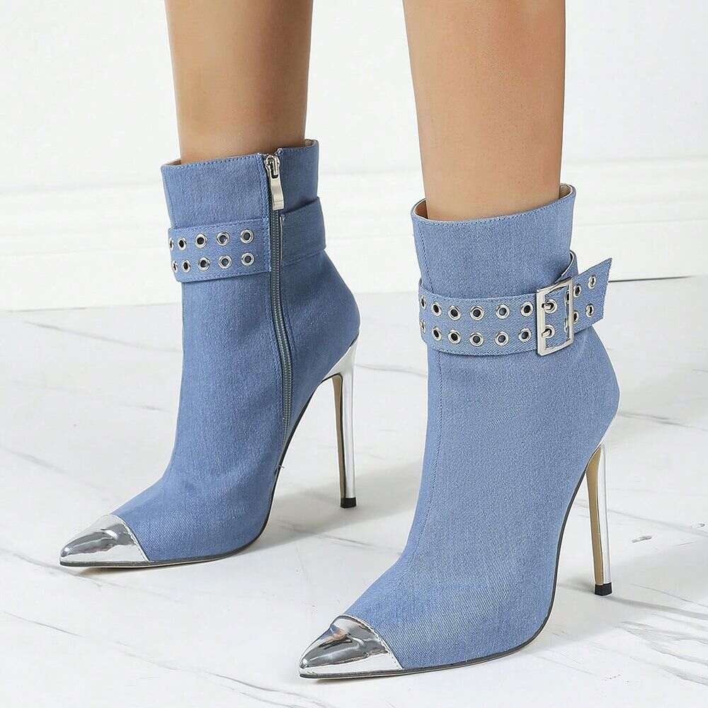 Casual Blue Color High Heel Denim Shoes_5