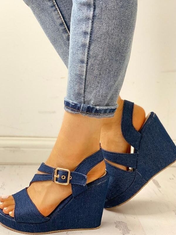 Casual Blue Color High Heel Denim Shoes_6