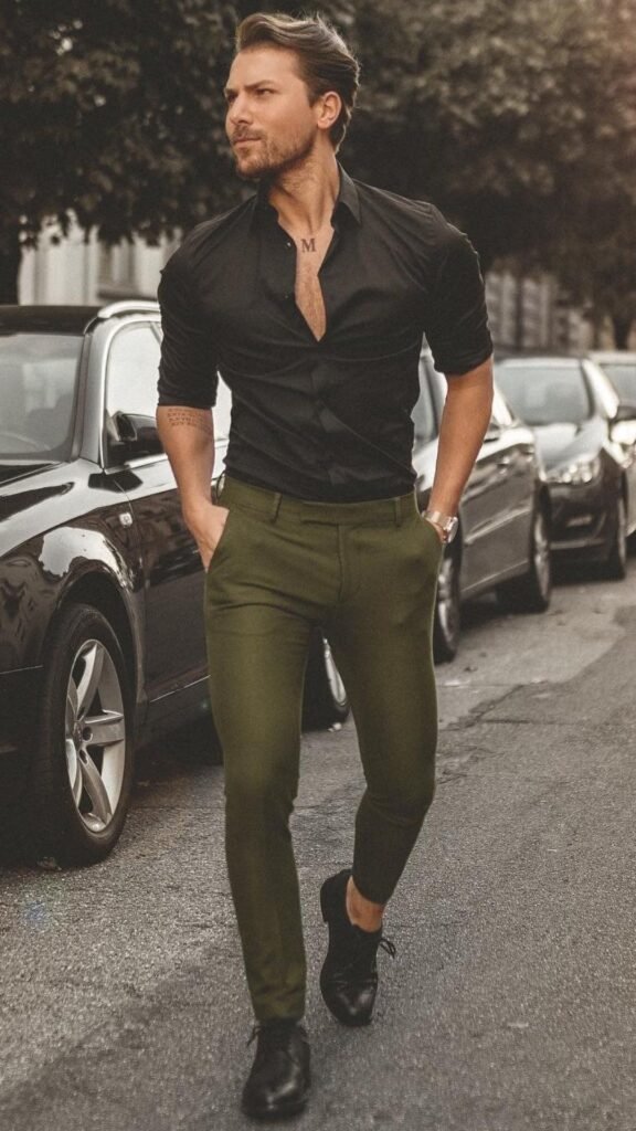 Black shirt with Olive Green Pants
